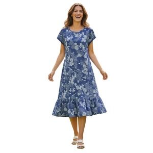 Fresh Produce Blue Sea Life Print Cotton Midi Dress Vacation Cruise Travel Med